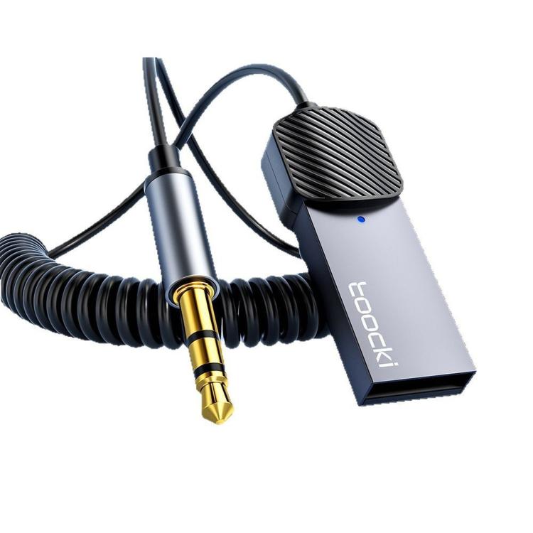 Bluetooth aux audio receiver adapter with coiled cable and 3.5mm gold connector