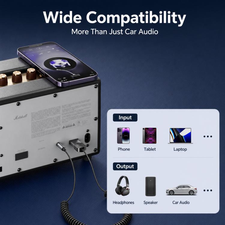 Bluetooth aux audio receiver adapter with cable connected to audio device
