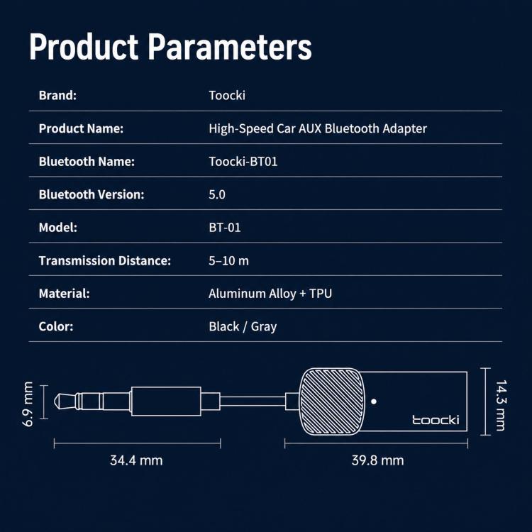 Bluetooth aux audio receiver adapter size diagram with 3.5mm plug and mic grille