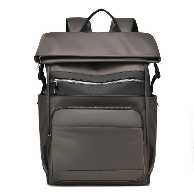 Gray laptop backpack with top handle and front zipper pockets