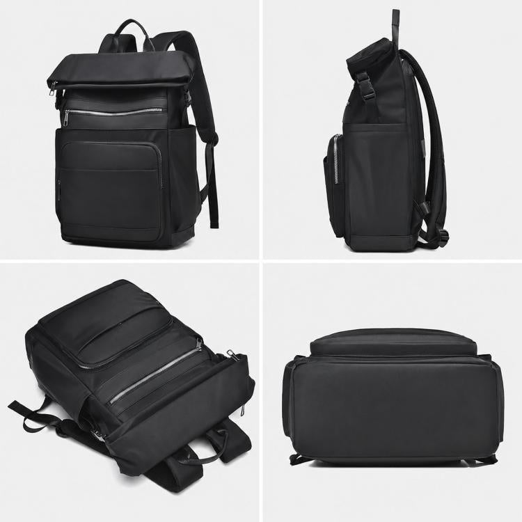Black laptop backpack shown from multiple angles, with side and front zippers