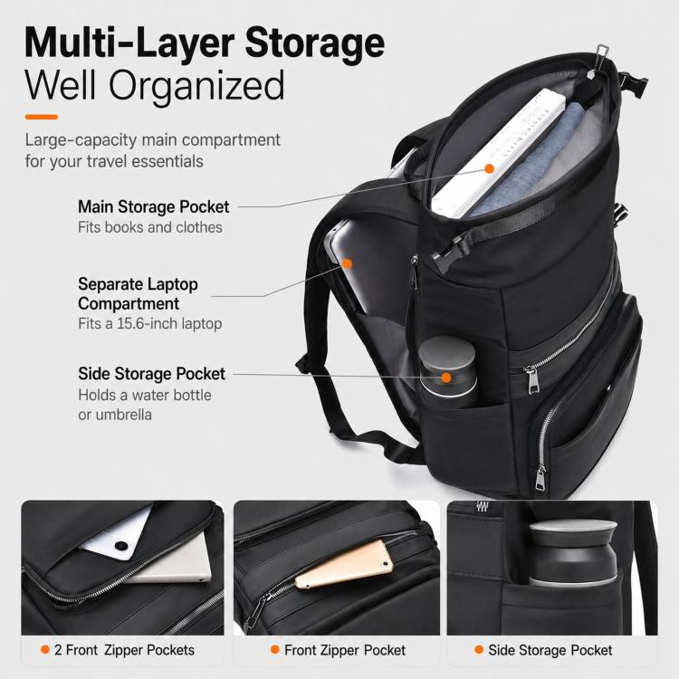 Black backpack open view with laptop sleeve and front storage pockets