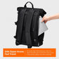 Black laptop backpack back panel with padded straps and luggage handle area