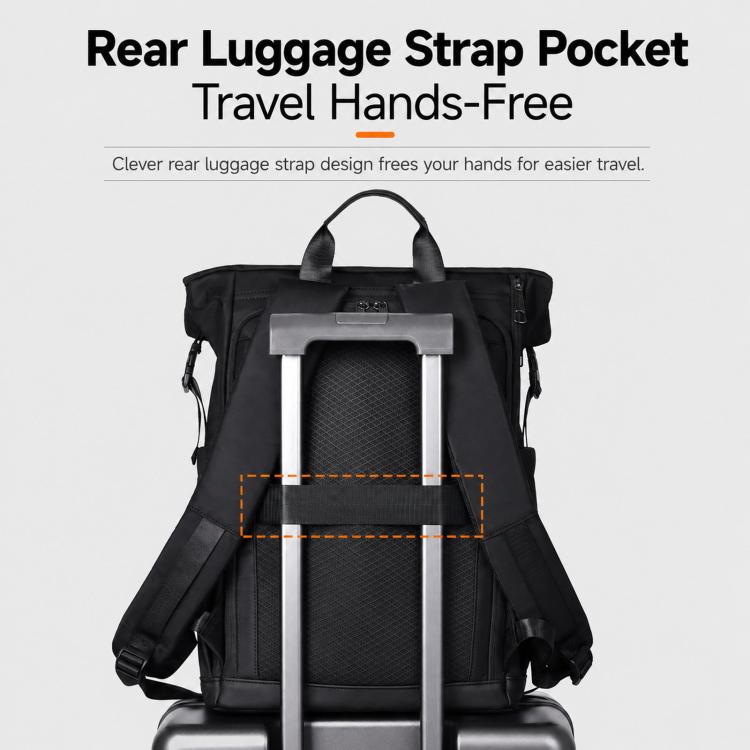 Black laptop backpack rear luggage strap pocket for hands-free travel