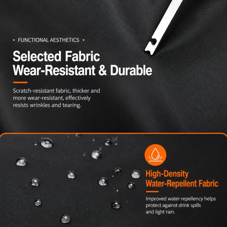 Water-repellent backpack fabric close-up with textured surface and droplets