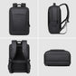 Black laptop backpack with front pocket, padded shoulder straps, top handle