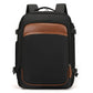 Black expandable travel backpack with front pocket, top handle, brown trim