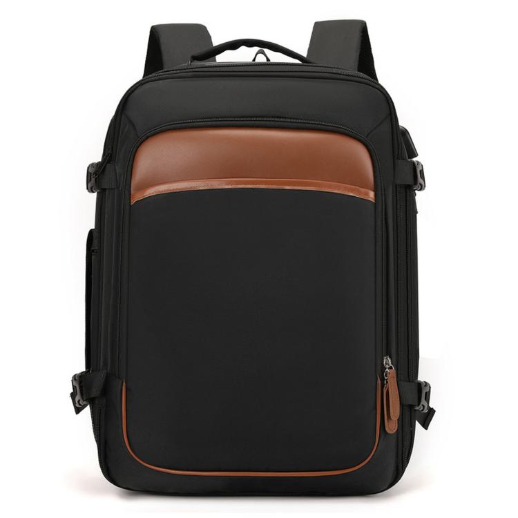 Black expandable travel backpack with front pocket, top handle, brown trim