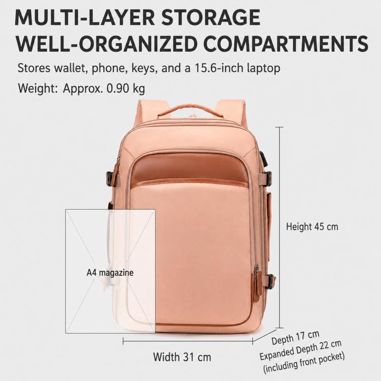 Pink expandable travel backpack with front zip compartment and adjustable side straps