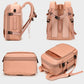 Light pink expandable travel backpack with top handle, front zipper, and shoulder strap