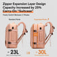 Pink expandable backpack with dual carry handles and shoulder straps, front pocket