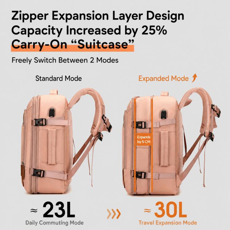 Pink expandable backpack with dual carry handles and shoulder straps, front pocket