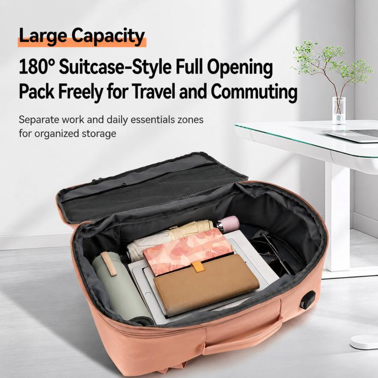 Open travel backpack with suitcase-style compartment and organized storage