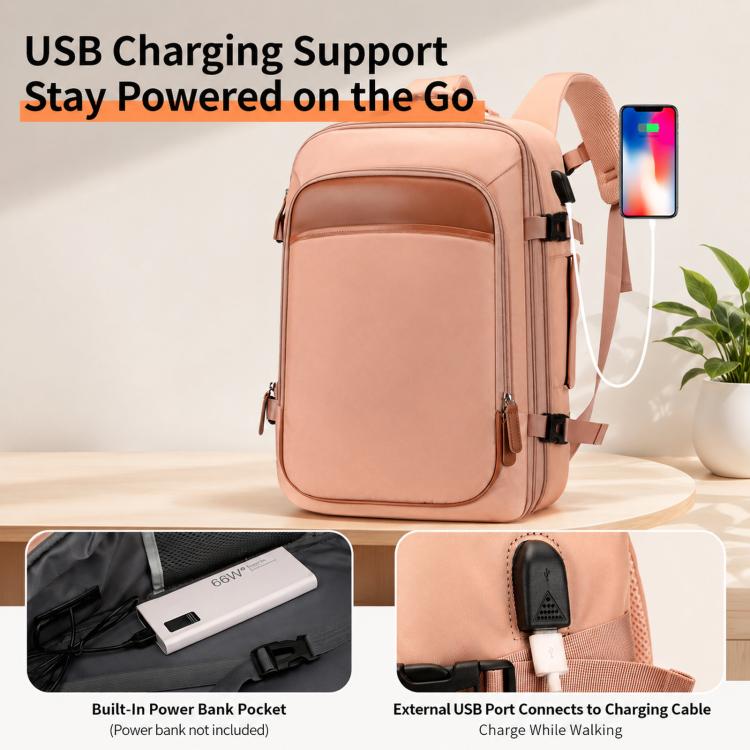 Pink expandable travel backpack with front pockets and side laptop sleeve