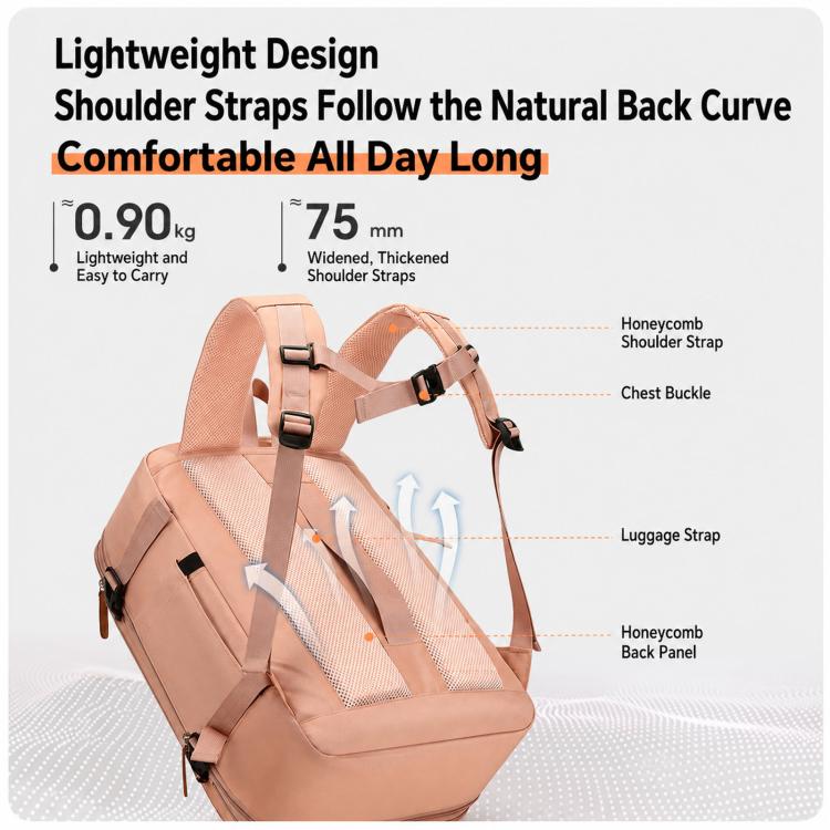 Pink backpack with padded shoulder straps, chest buckle, and breathable back panel