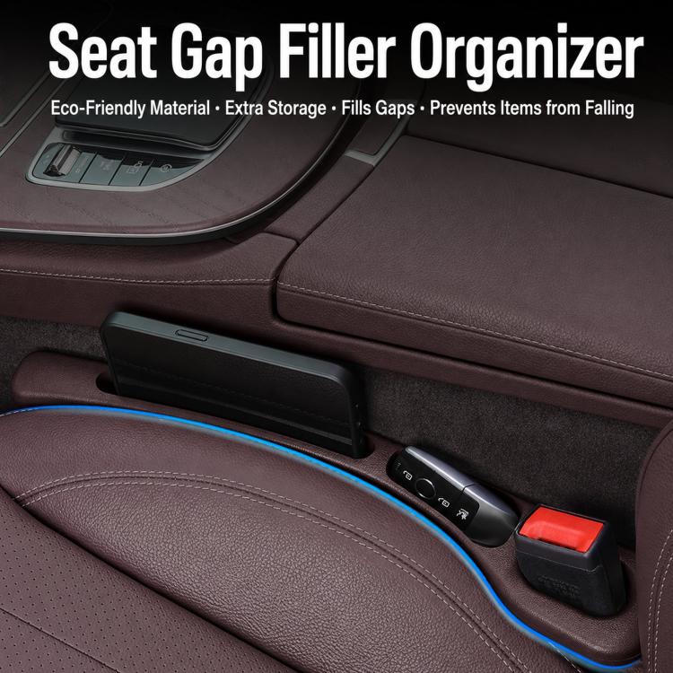 Black car seat gap organizer with red insert, placed between car seats