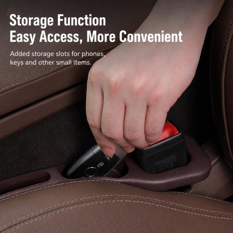 Black car seat gap organizer with red insert, hand pushing into slot