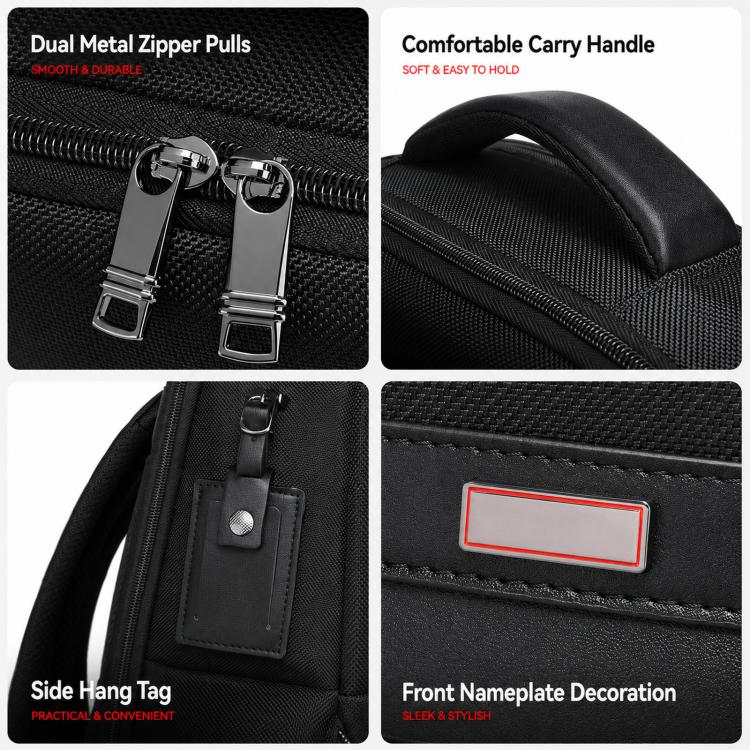 Black laptop backpack with dual metal zipper pulls, cushioned carry handle, and nameplate