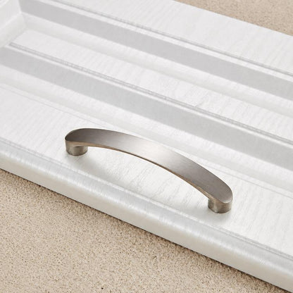 Brushed metal cabinet drawer pull handle with curved bar and rounded end caps