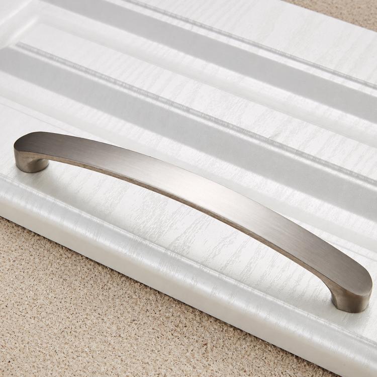 Brushed metal drawer handle pull with long curved arch and rounded screw-end ends