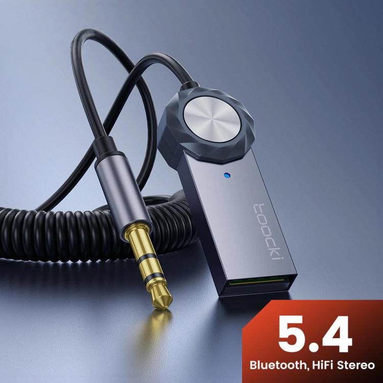 Gunmetal Bluetooth AUX adapter with coiled cable and gold 3.5mm audio plug