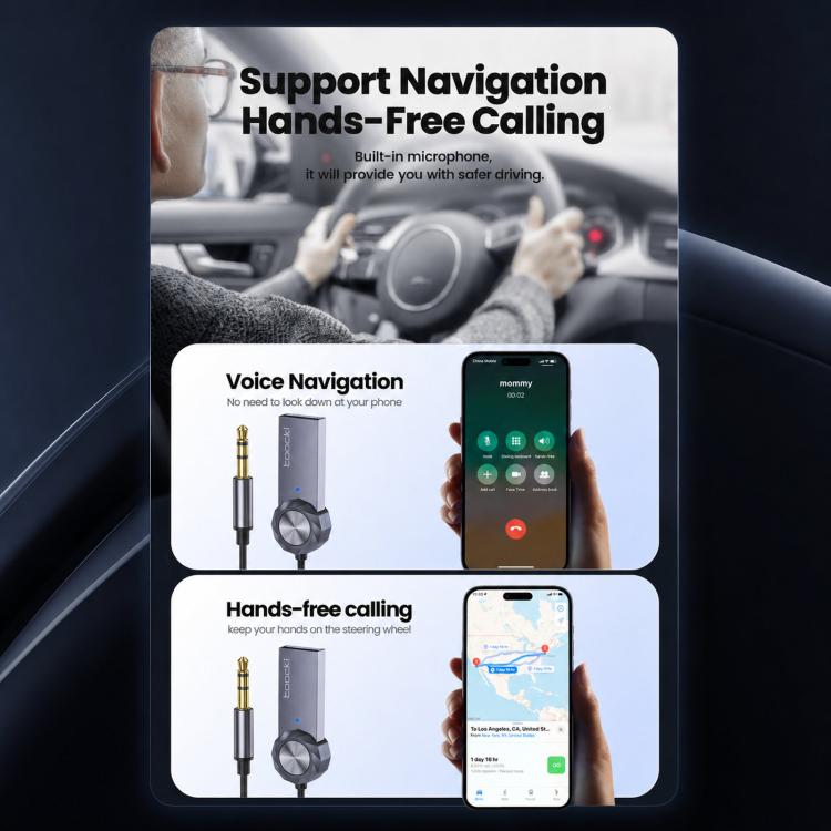 Bluetooth car AUX adapter with gold 3.5mm plug for hands-free calling