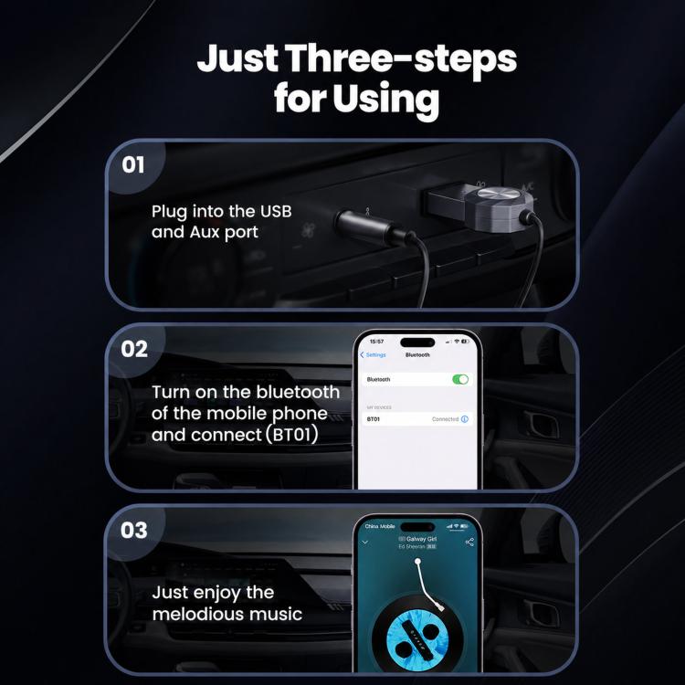 Bluetooth AUX adapter installation with USB connection and phone pairing screens