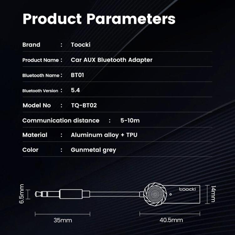 Bluetooth AUX adapter specs and dimensions diagram with connector measurements