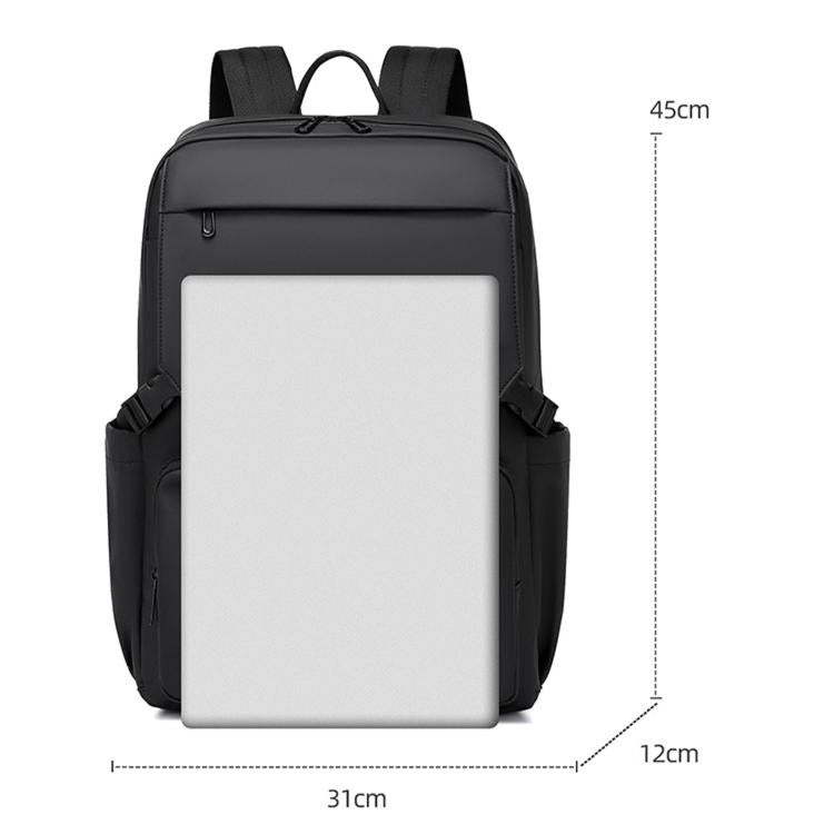 Black laptop backpack with top handle, padded back straps, and front zip pocket
