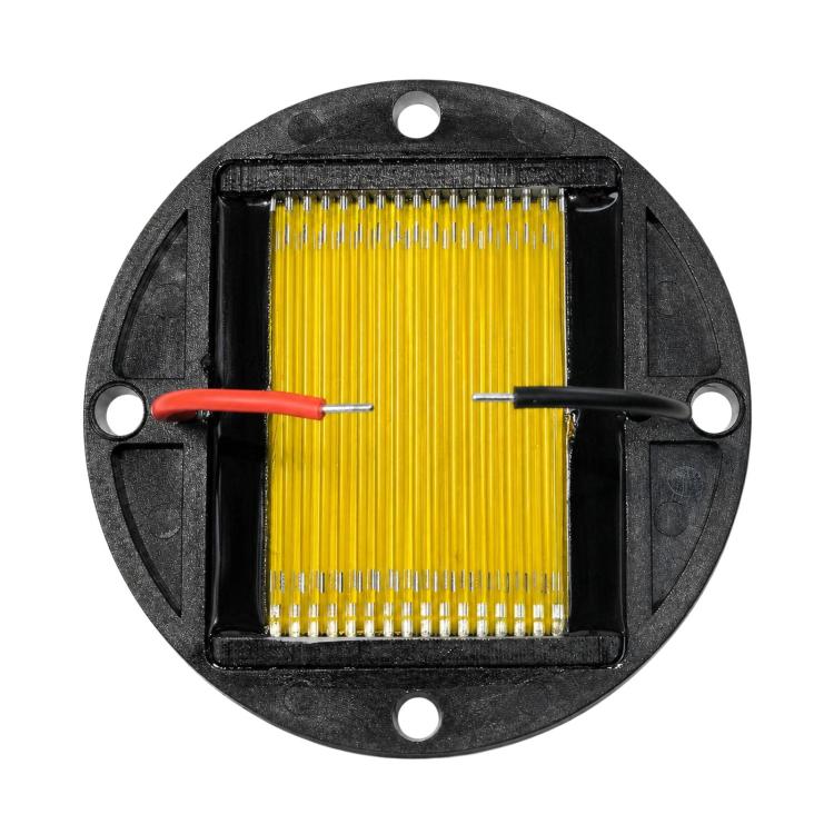 Ribbon tweeter diaphragm driver with yellow ribbon, red and black lead wires on black mount