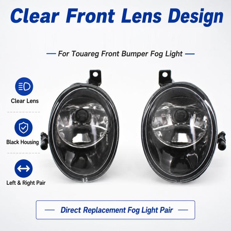 Front bumper fog light pair with clear lenses and black housings