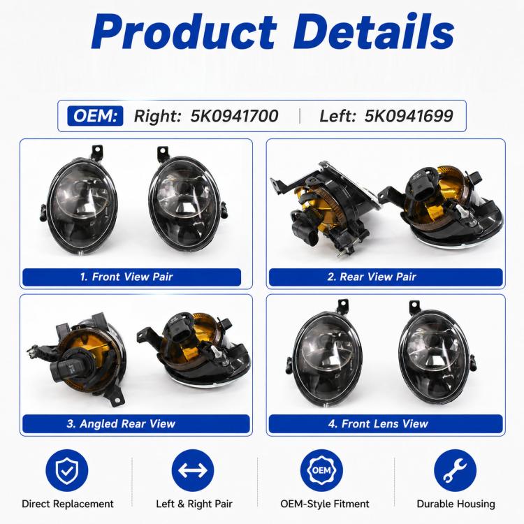 Fog light product pair showing clear lenses with black housings