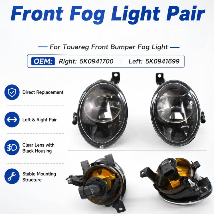 Front fog light pair with clear lenses and black housings, mounting tabs visible