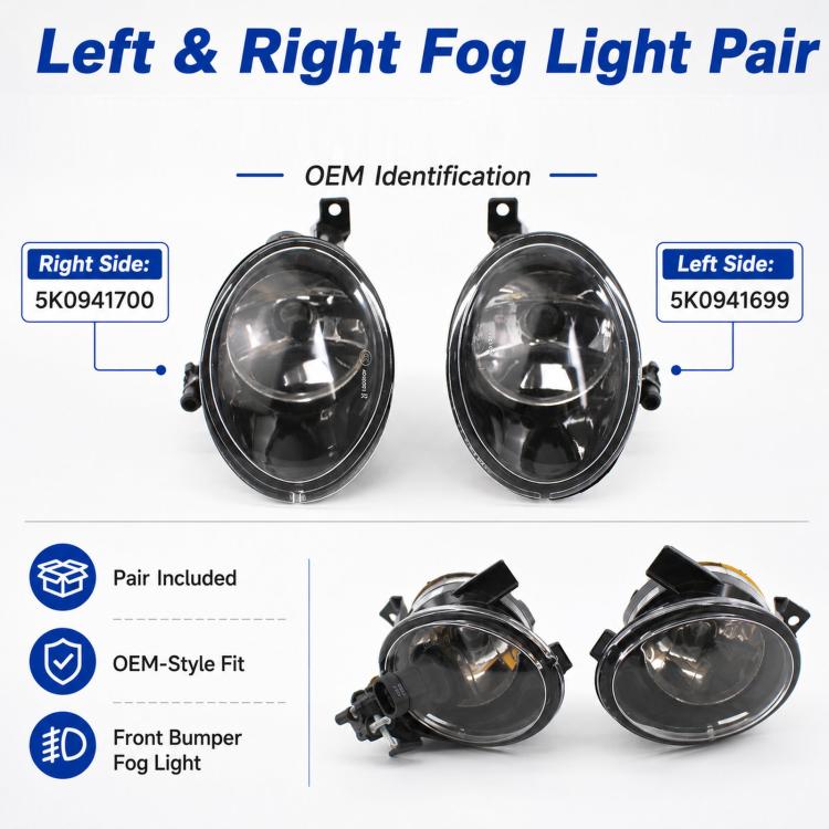 Left and right fog light pair with clear lenses and black housings