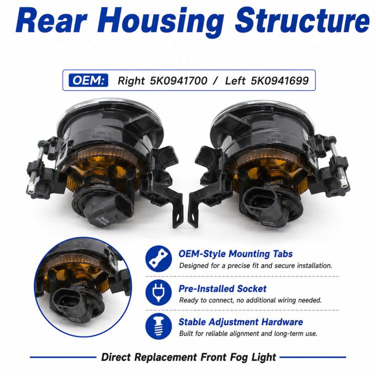 Front fog light housings pair with clear lenses, amber reflector, and mounting structure