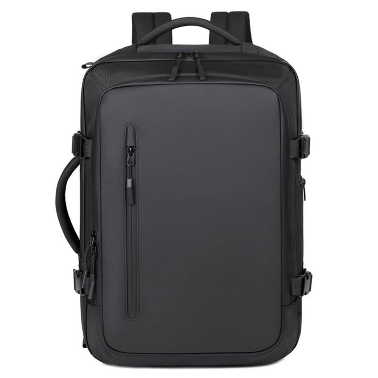 Black convertible backpack with top handle, padded straps, and front webbing pockets