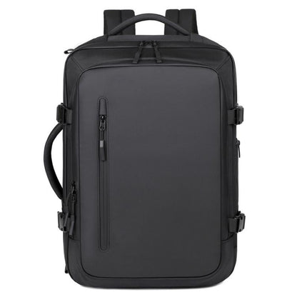 Black convertible backpack with top handle, padded straps, and front webbing pockets
