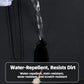 Black backpack fabric with water-repellent, dirt-resisting coating label