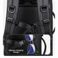 Black backpack interior with hanging glasses strap and adjustable harness straps