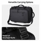 Black convertible backpack with top handle, shoulder strap, and reinforced detachable buckle