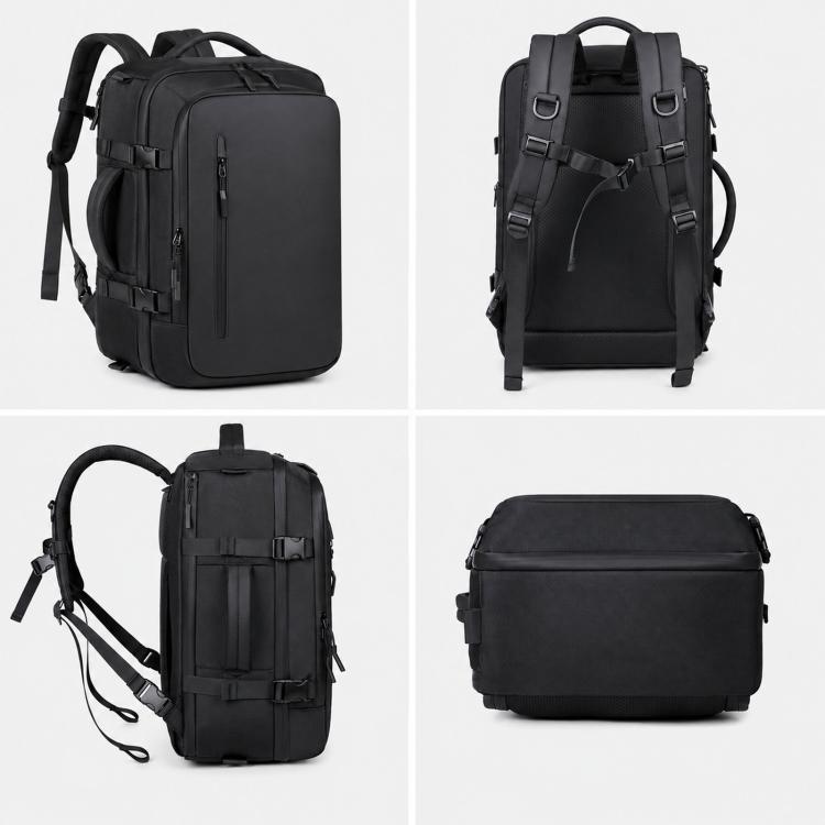 Black convertible backpack with top handle and adjustable shoulder straps, front zip pocket