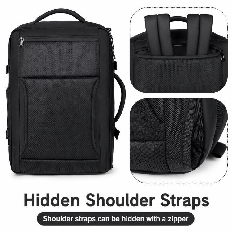Black textured backpack with hidden zip shoulder straps and front storage panel