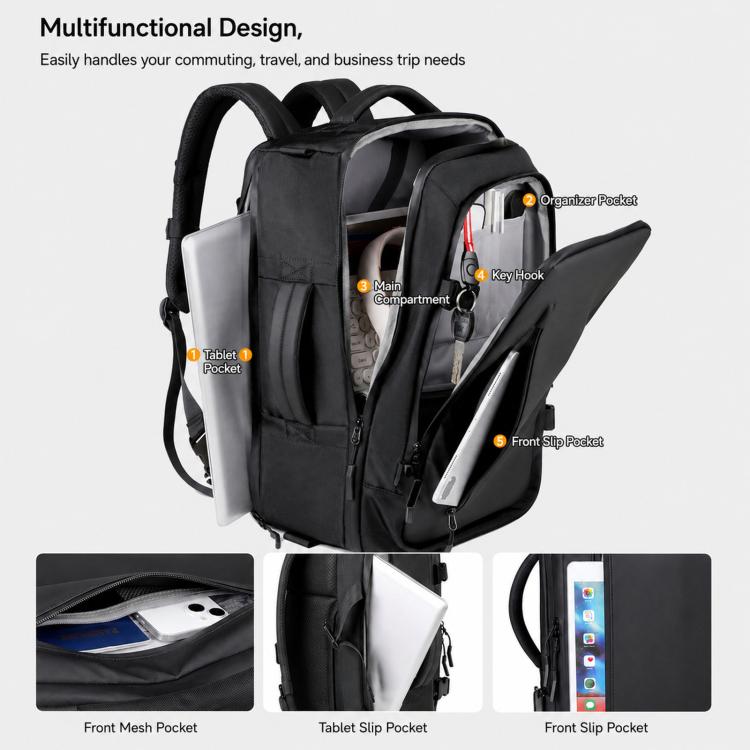 Black travel backpack with multiple compartments and front slip and mesh pockets