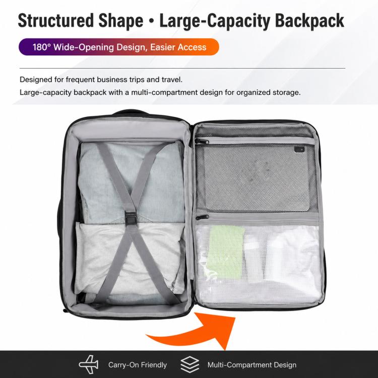 Black backpack with wide-opening compartments and internal organizer panel