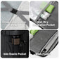 Black backpack detail: compression strap, side elastic pocket, and mesh pocket