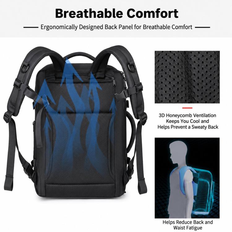 Black backpack with breathable 3D honeycomb back panel for airflow