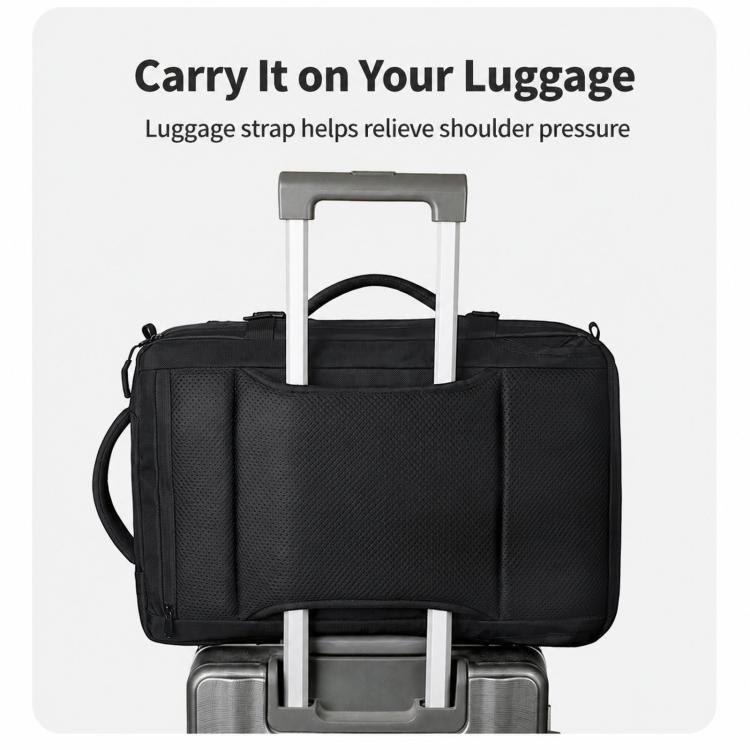 Black backpack with luggage pass-through strap for attaching to rolling luggage