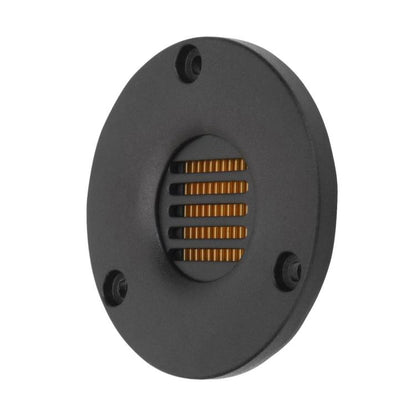 Black oval ribbon tweeter with gold grille and multiple mounting holes
