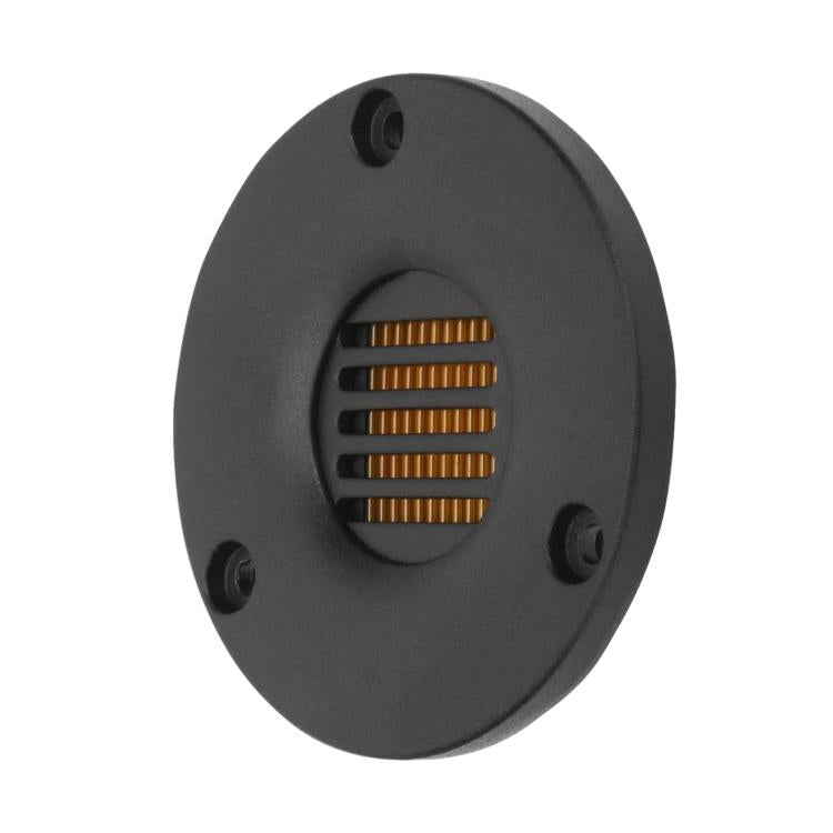 Black oval pneumatic ribbon tweeter with gold grille and front mounting holes