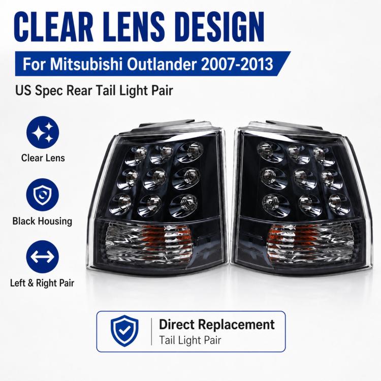 Rear tail light pair with clear lenses and black housing, chrome reflectors, amber markers